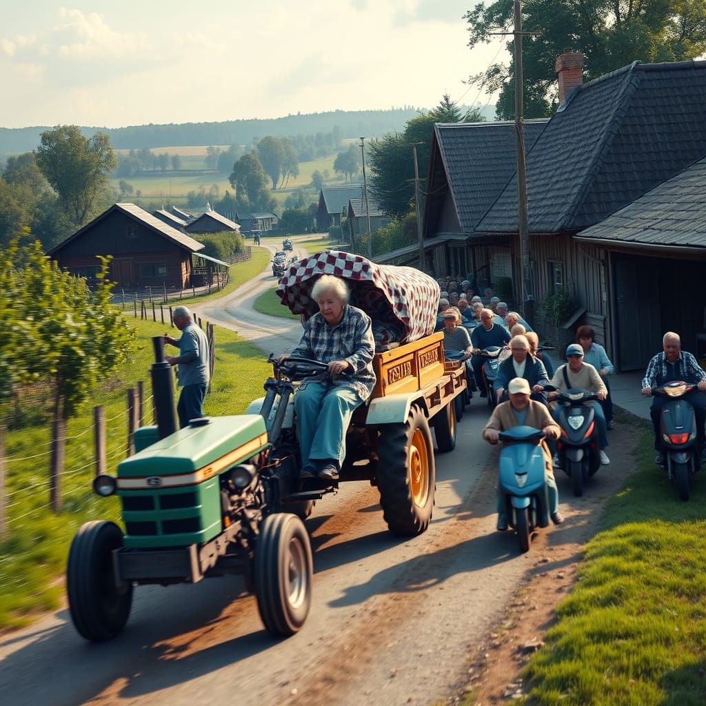Surreal Funeral Procession in a Vibrant Village