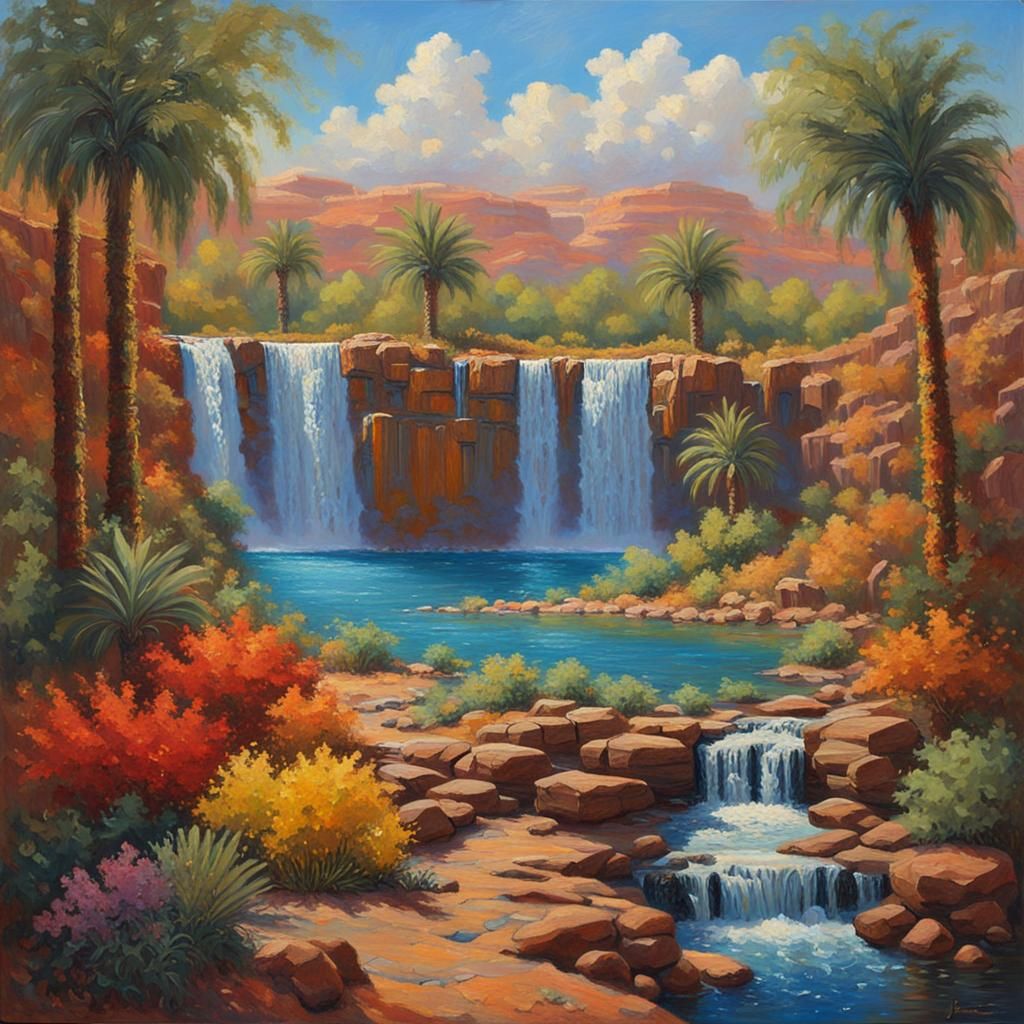 Vibrant well detailed oasis and at the background a waterfal...