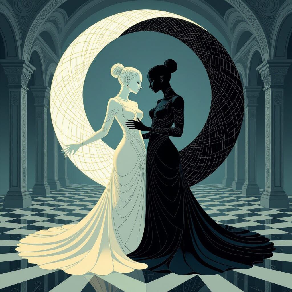 Vertigo art style composition — a surreal, spiraling visual illusion of depth and motion, two human figures intertwined in a yin-yang shape ...