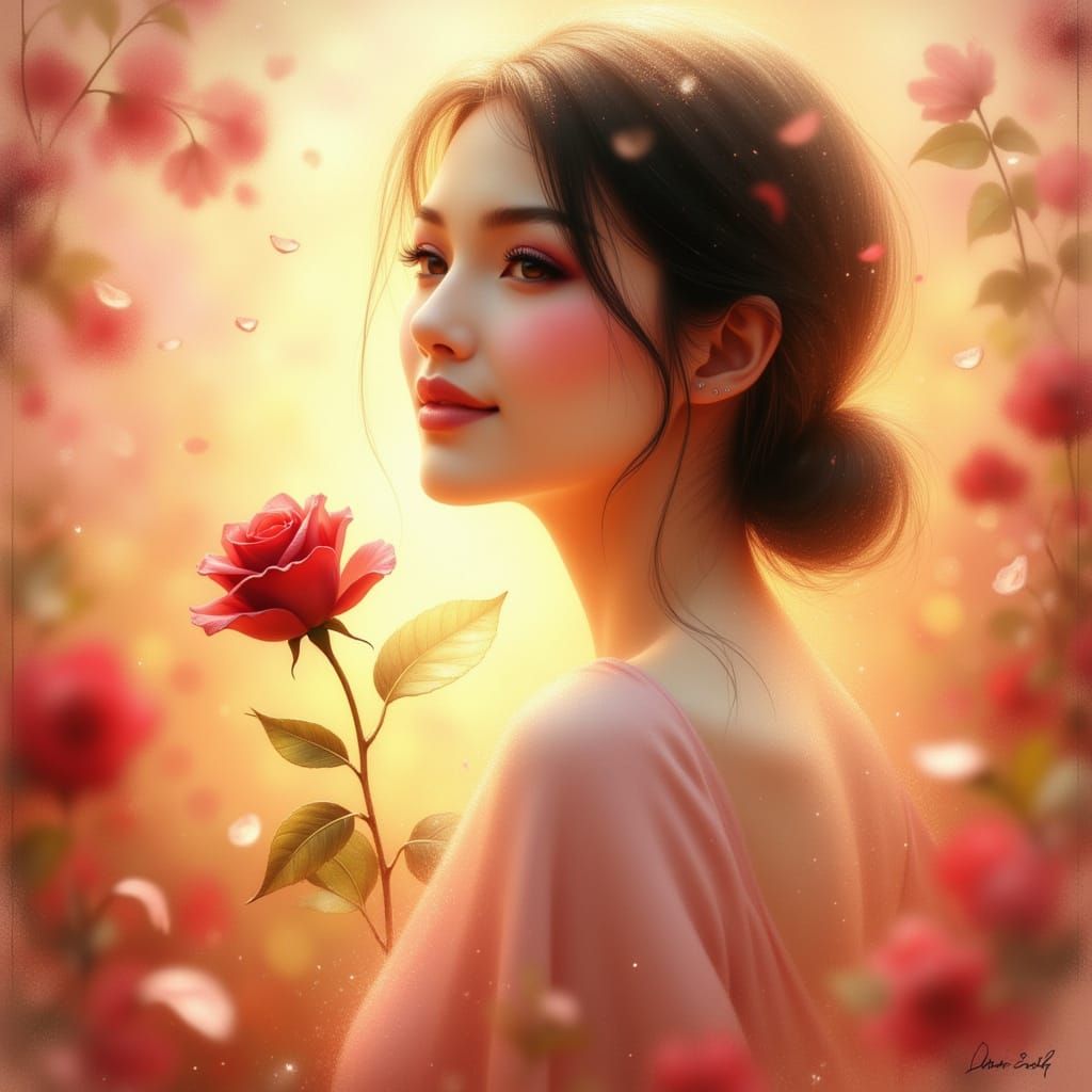 Joyful Woman With Red Rose in Soft Painterly Style