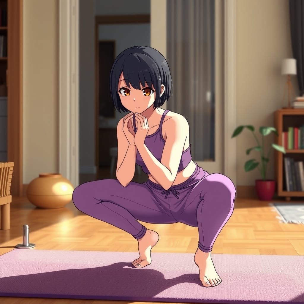 Surreal Anime Girl Practices Yoga in Cozy Home
