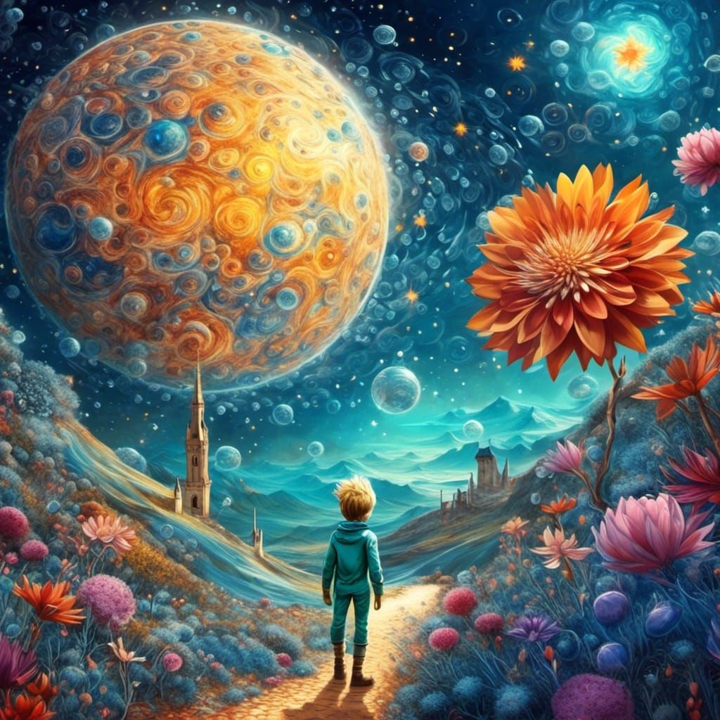Fantastical and poetic landscape inspired by Saint-Exupéry, le Petit Prince