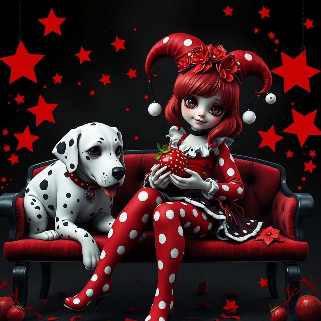 Polka Dot Heaven, high contrast digital 3d art in mainly black and white Polka Dot style. The Ladybug-jester-girl ...  by @James Silvers