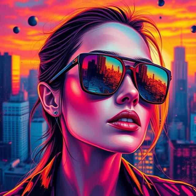 Cosmic Cityscape Reflected in Sunglasses, Hyper-Polished Neo...