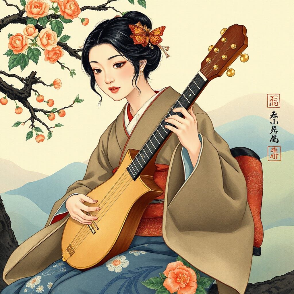Japanese Woman Playing Shamisen in Traditional Style