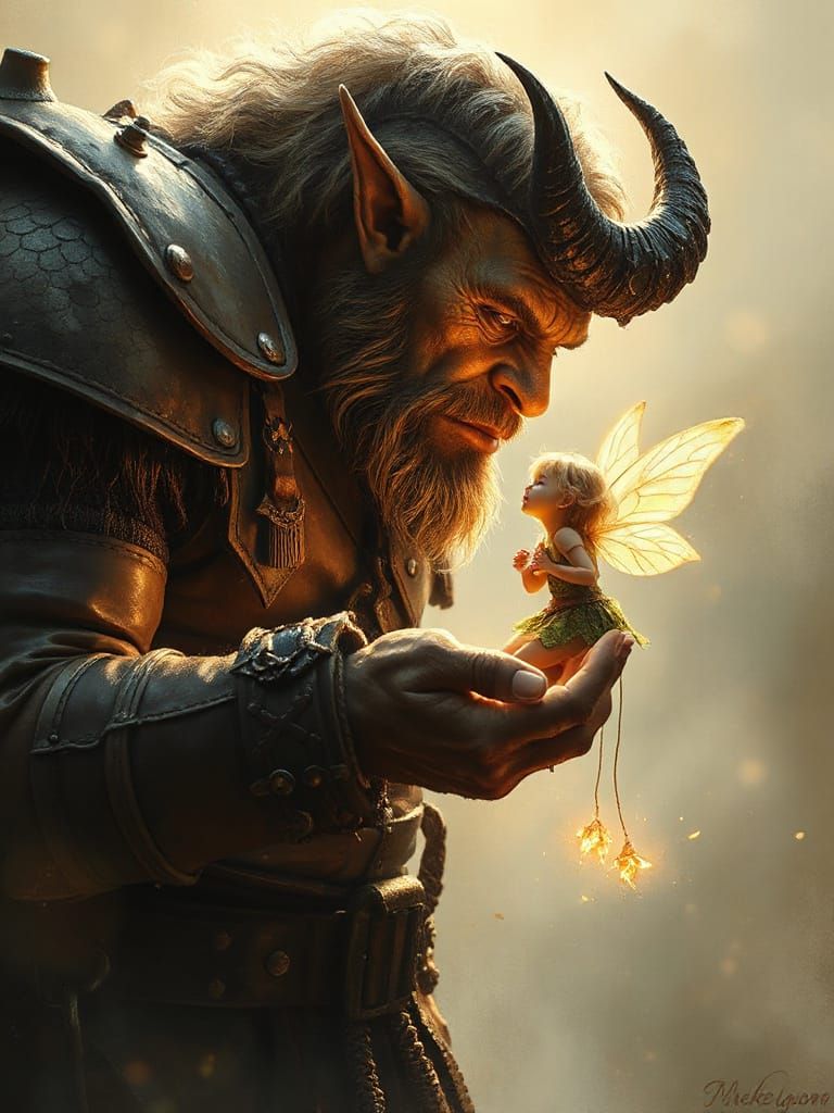 Opposites. A giant Ork with tiny Fairy   by @Ima