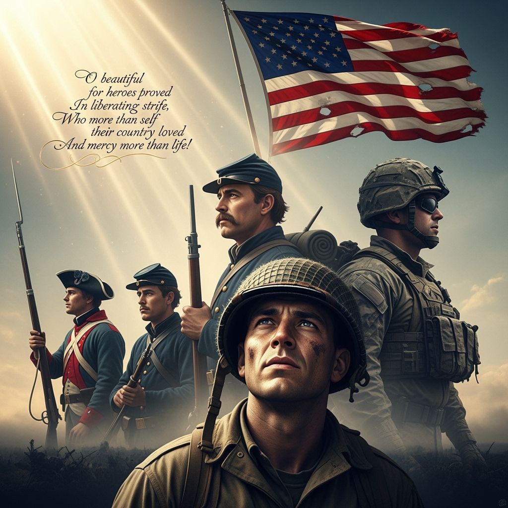 America the Beautiful,
O beautiful for heroes proved In liberating strife, Who more than self their country loved And mercy more than life! - Start Image 2