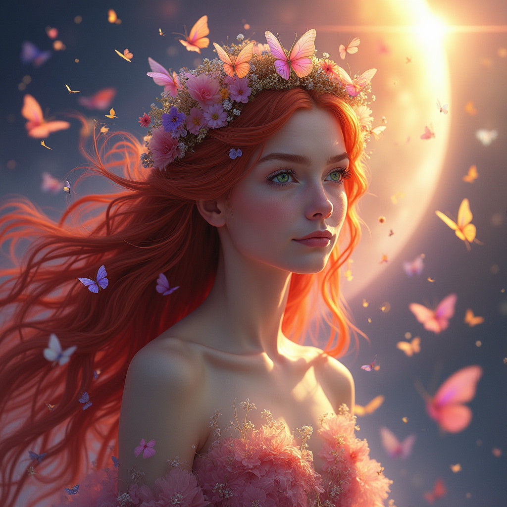 A young female character with vibrant red hair and green eyes::(20)She is adorned with a crown of colourful flowers and butterflies::(17) Ab...