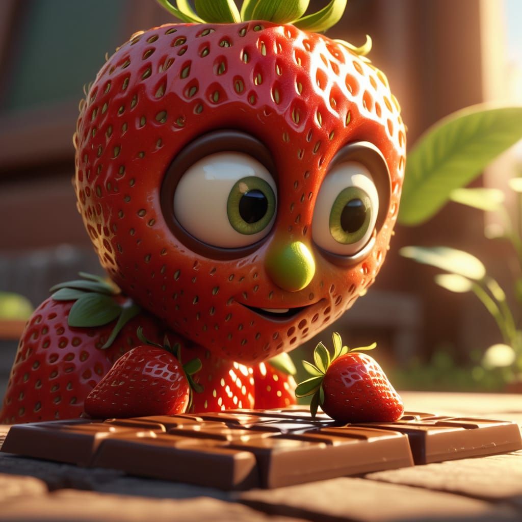 a highly detailed, vibrant 3D render of Strawberry, a bright red anthropomorphic fruit with green leaves ...  by @Fi