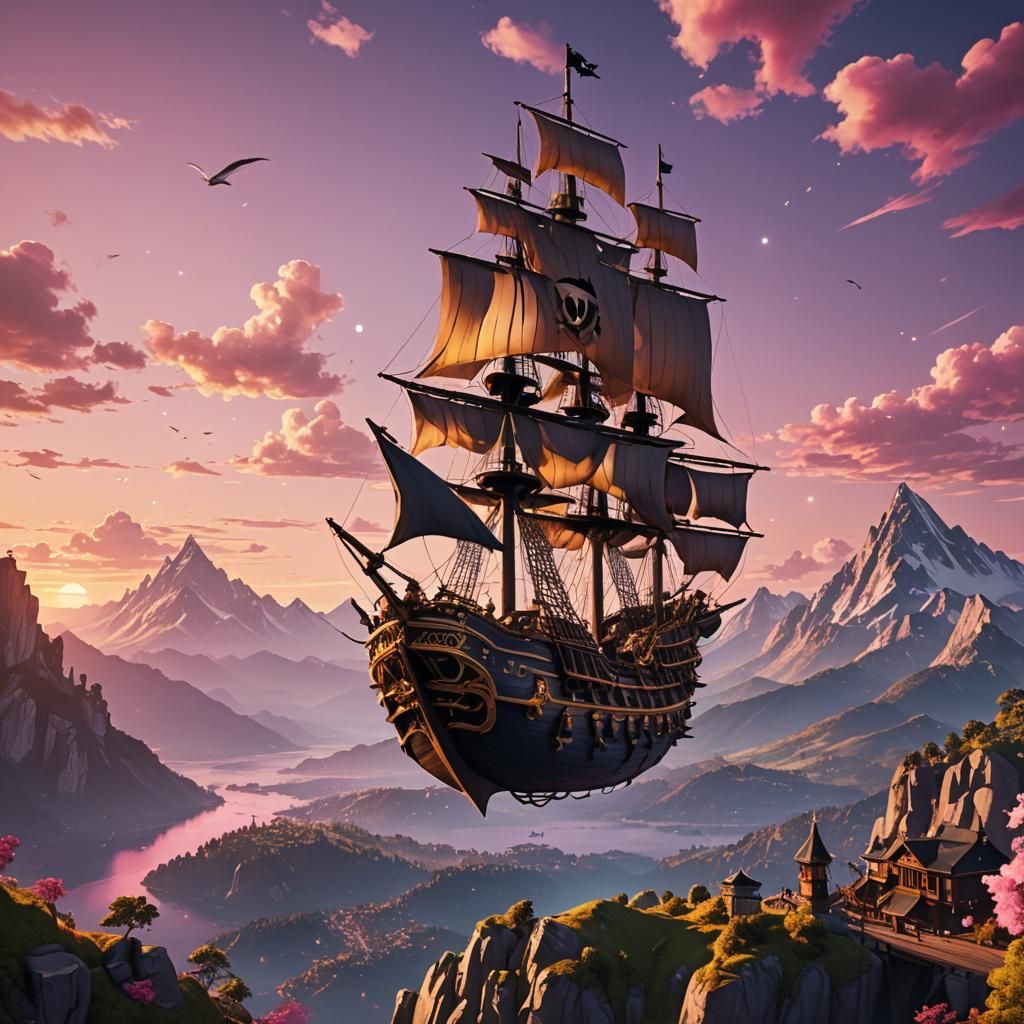 a flying pirate ship flying as the pink sun sets