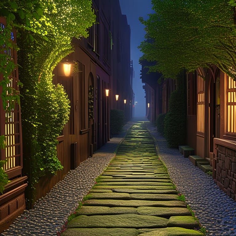 Mysterious alley between two 1920s brownstone buildings