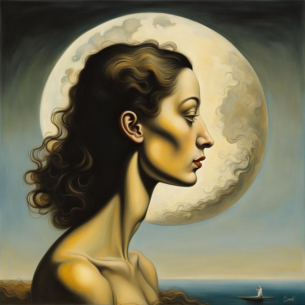 Profile of a young woman with a full moon