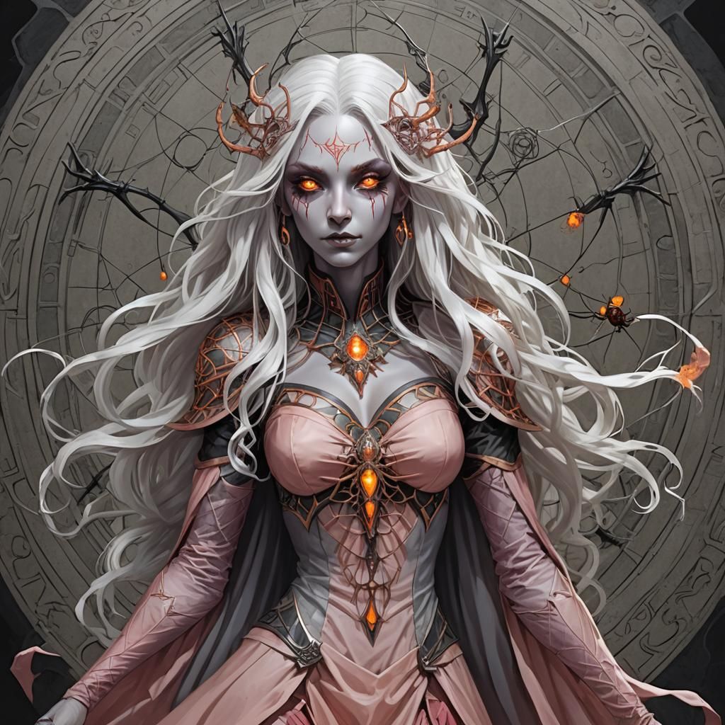 Evil vitruvian Drow female, wizard of Lolth, Goddess of Spid...