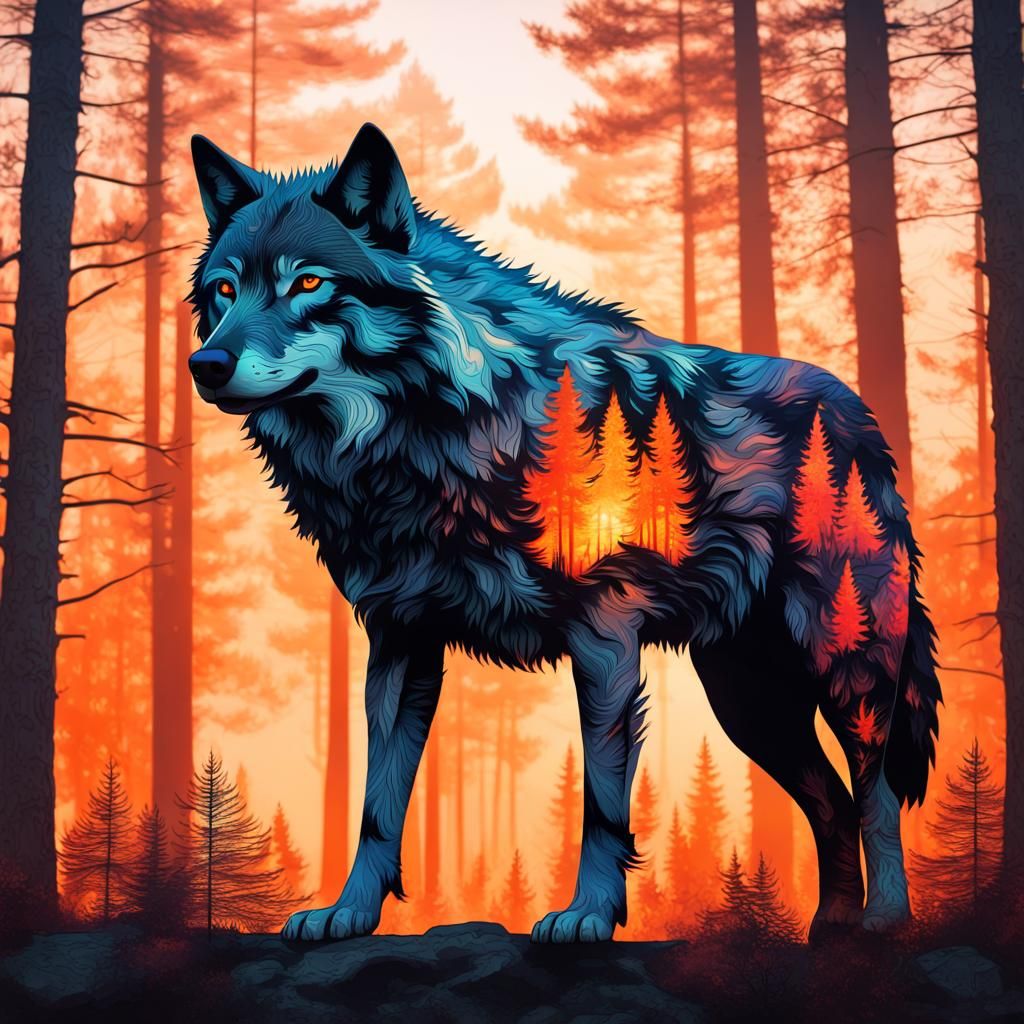 double exposure fire forest wolf silhouette full portrait" i...