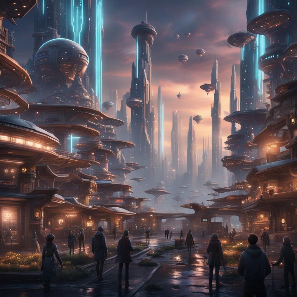 a futuristic society city where extraterrestrials and human ...