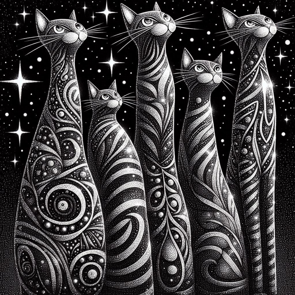 Glitter whimsical tall cats  Black and white