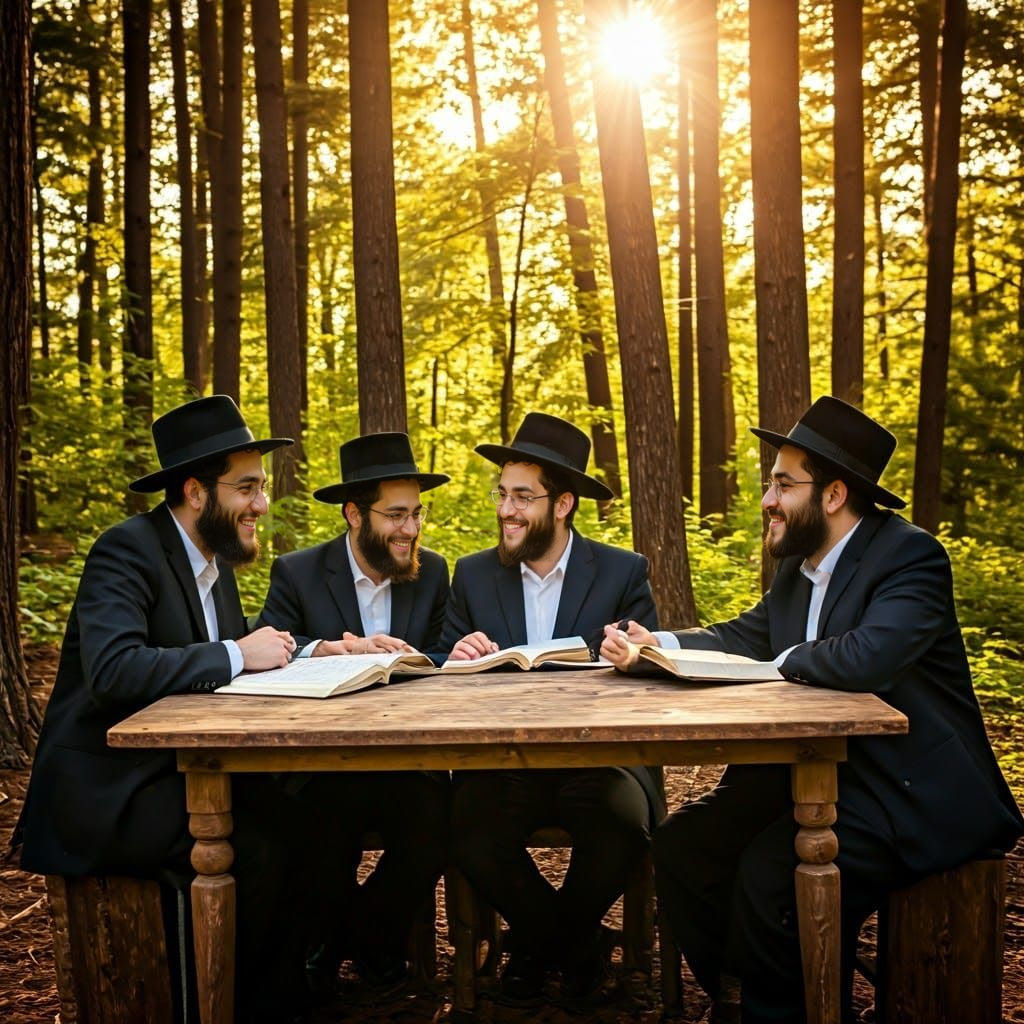Haredi Jewish Youth Study in a Peaceful Sunlit Forest