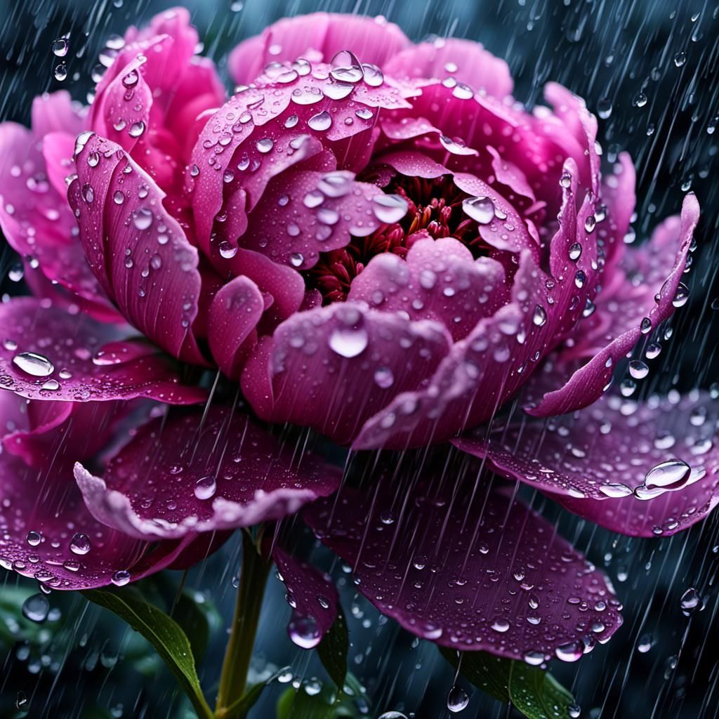 Rain Falling On Peony