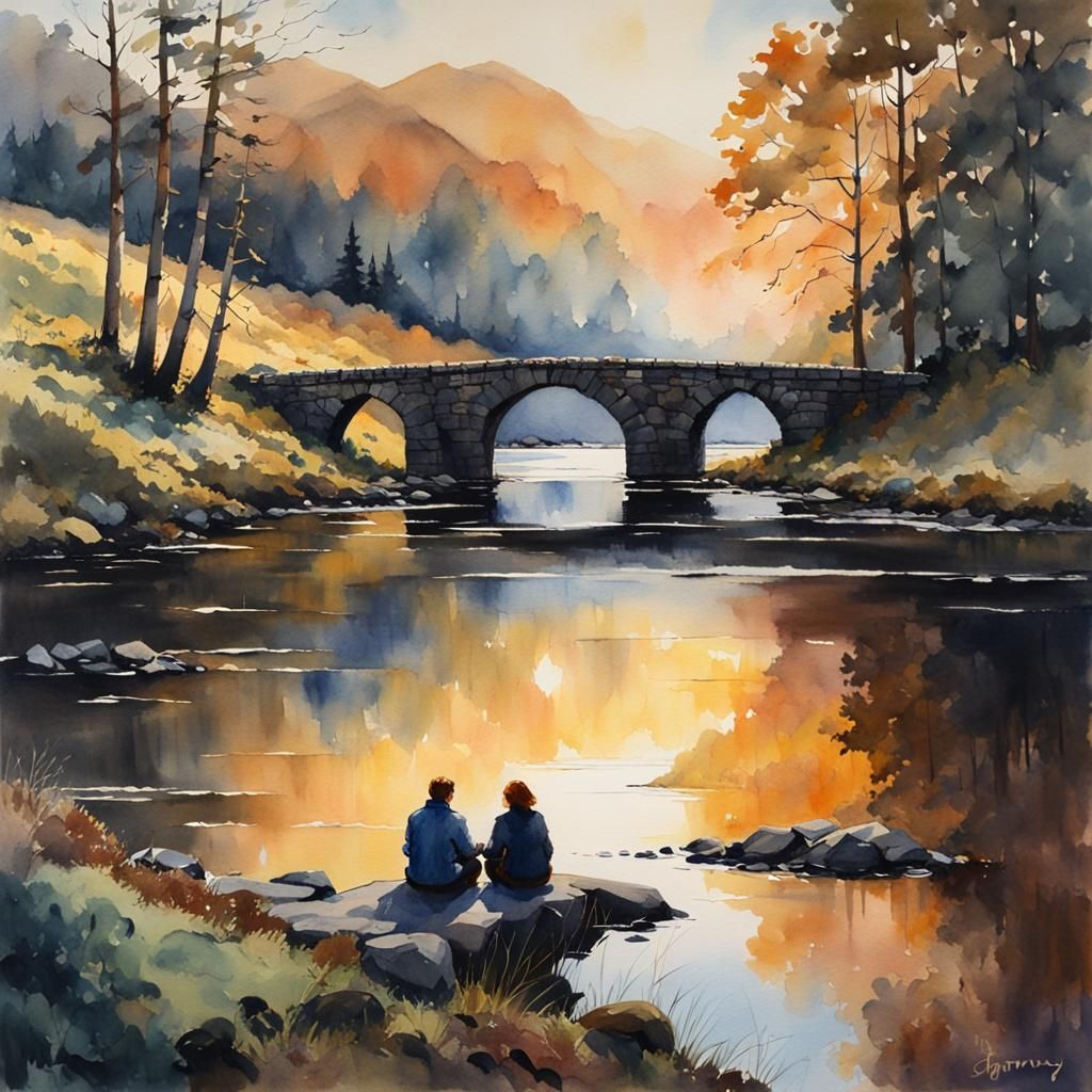 beautiful watercolor of a couple sitting on an old bridge in...