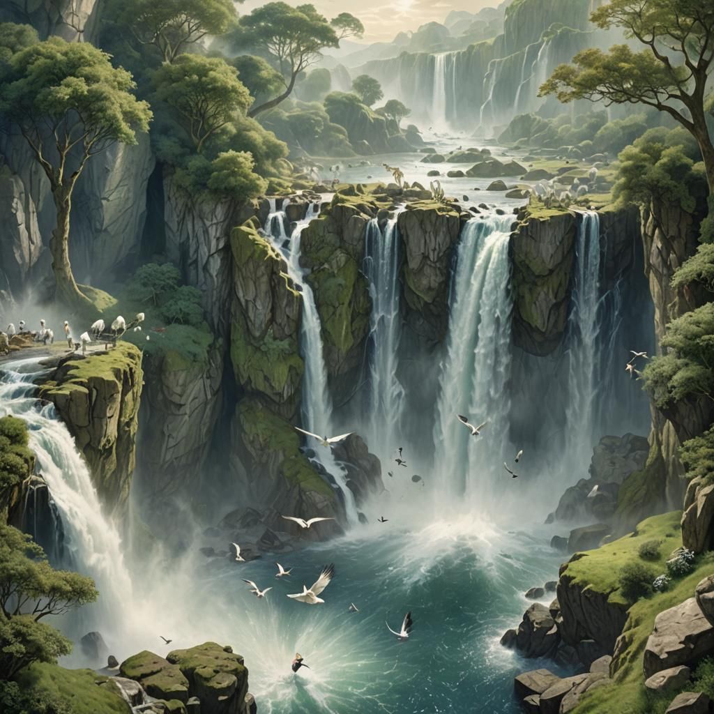Waterfall Scene with Wildlife in Fantasy Style