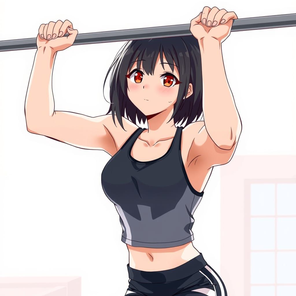 Anime Woman Lifting on Bar in Sports Outfit