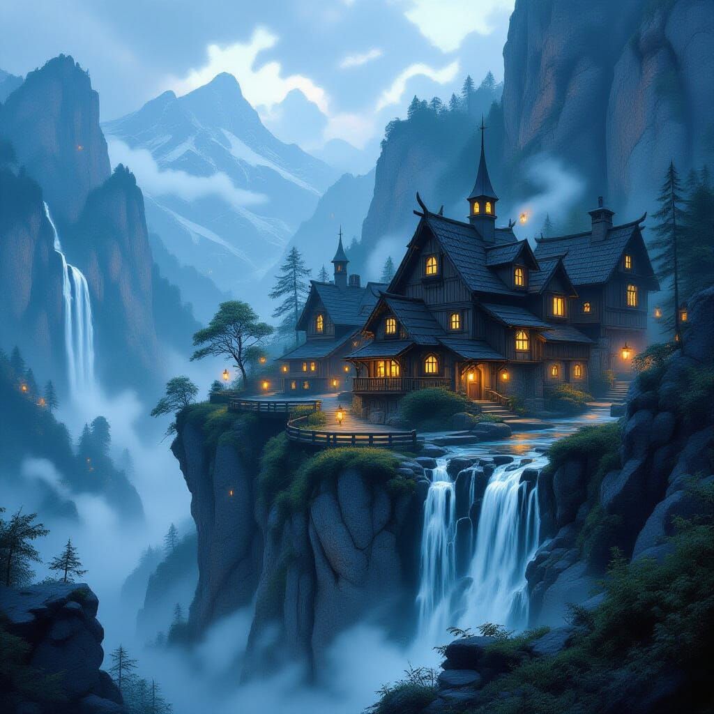 A magical village sitting upon a Mountain Cliff as a Waterfall flows over the side of the mountain  by @Chrissy