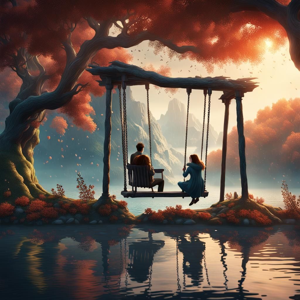 The last hug, a man and a woman each standing on a swing ove...