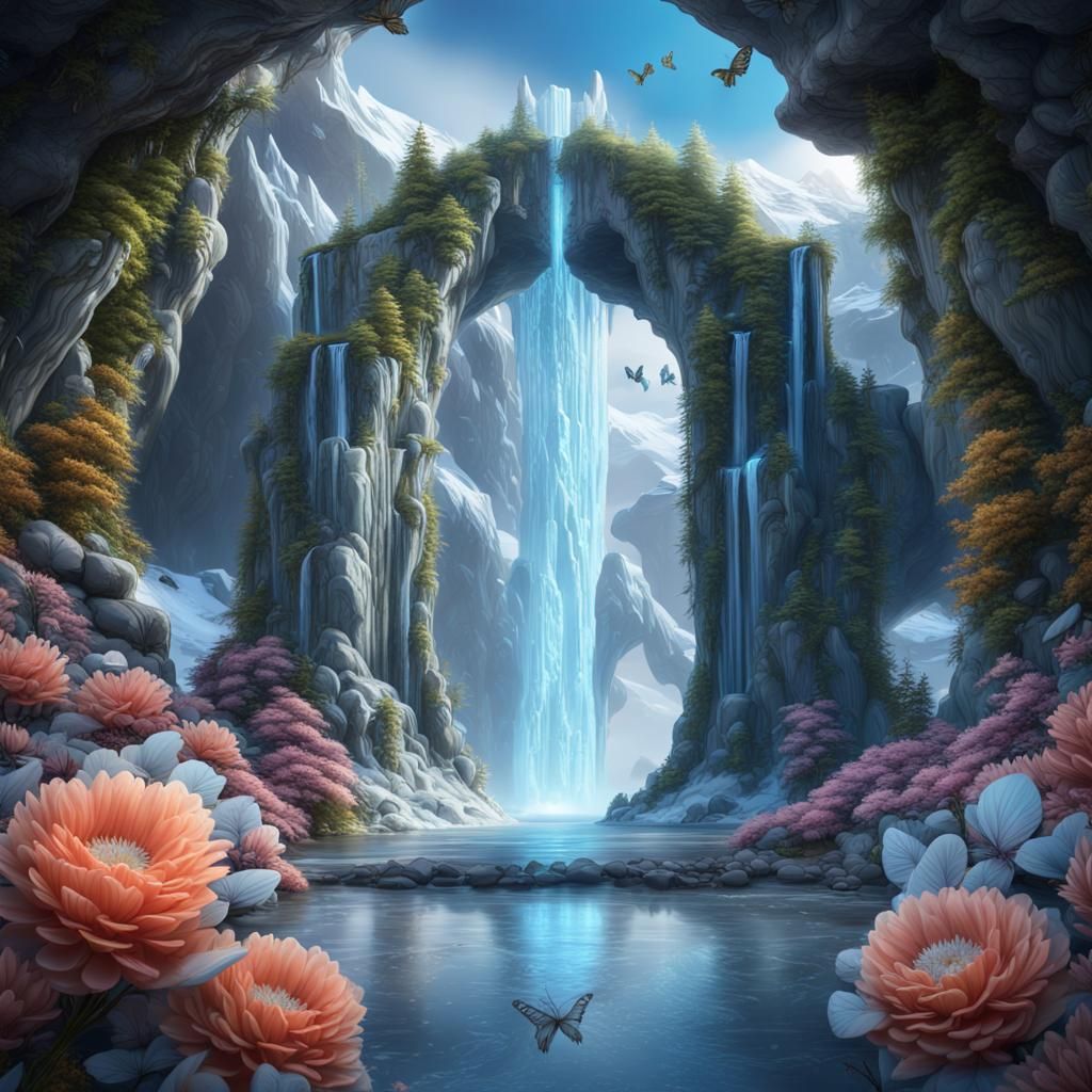 Paradise with birds, trees, butterflies, waterfalls, illumin...