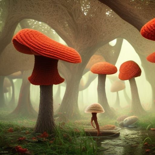 mushrooms made of yarns crochet AI Generated Artwork NightCafe Creator