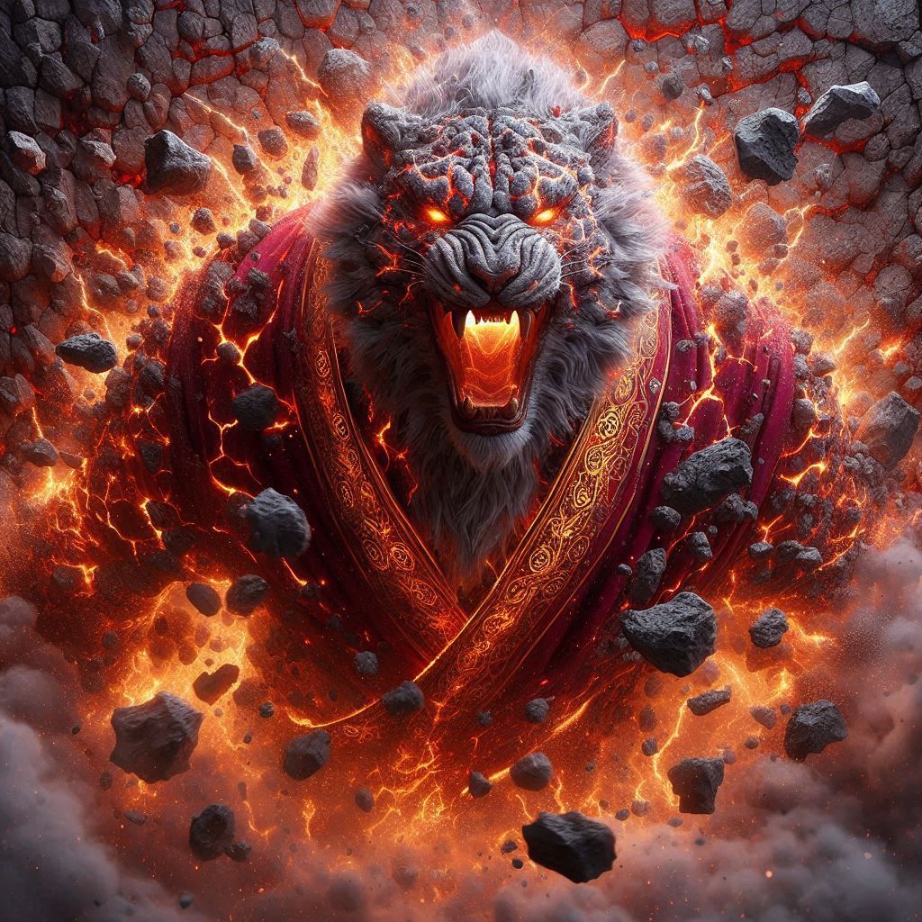 Snow leopard in molten lava