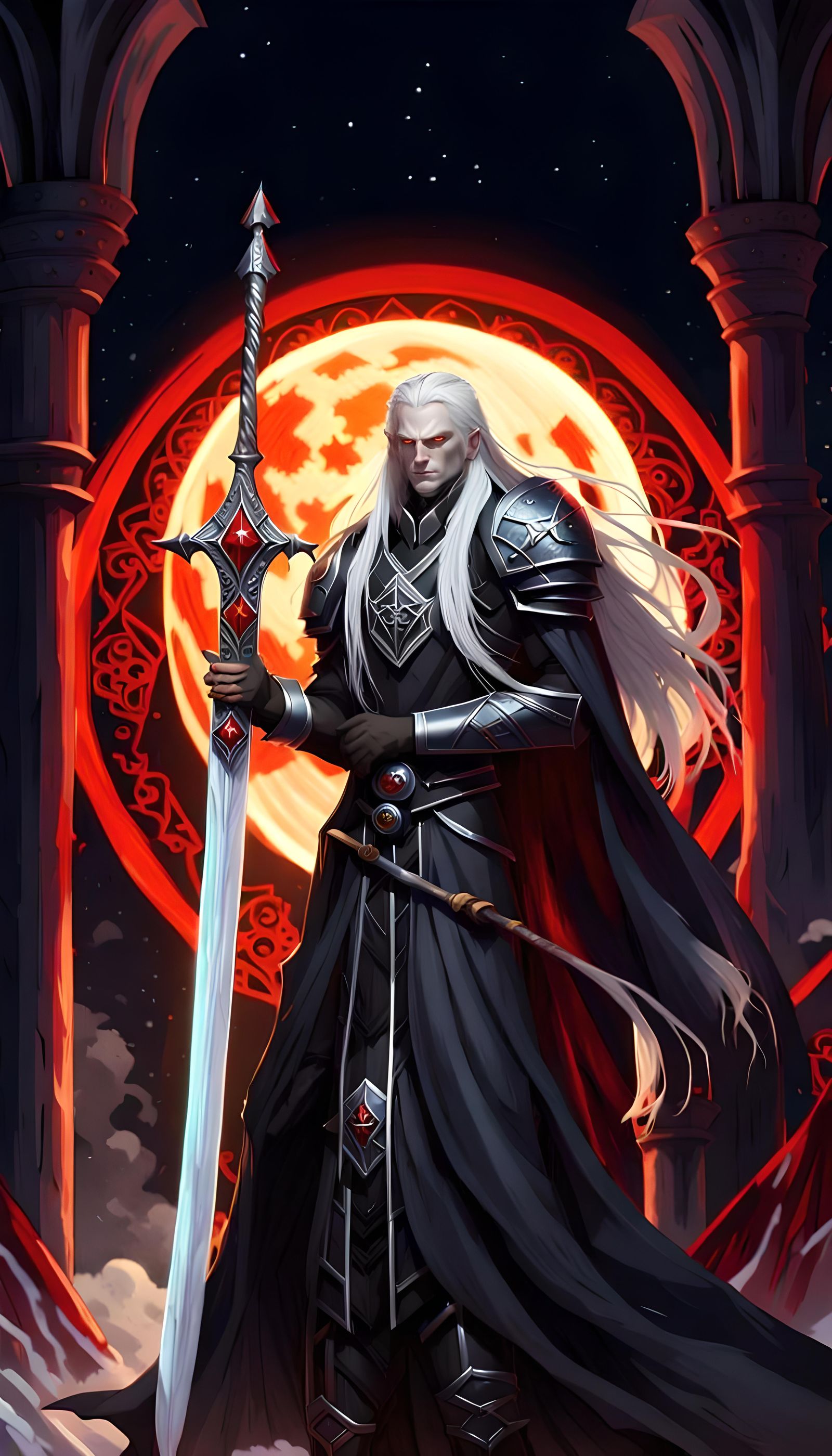 Elric of Melnibone with rune sword, albino, lean body, stark amber eyes ...