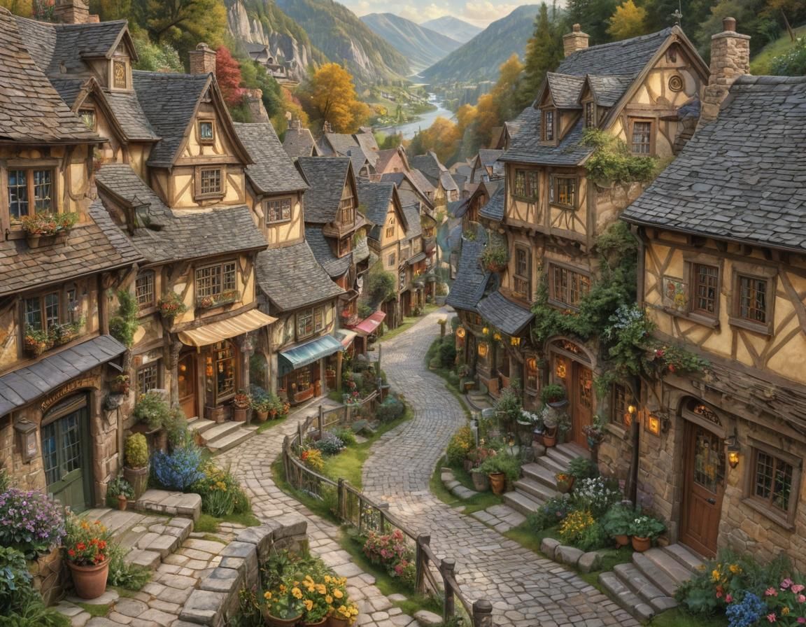 Charming Village Shopping Street in Storybook Illustration S...