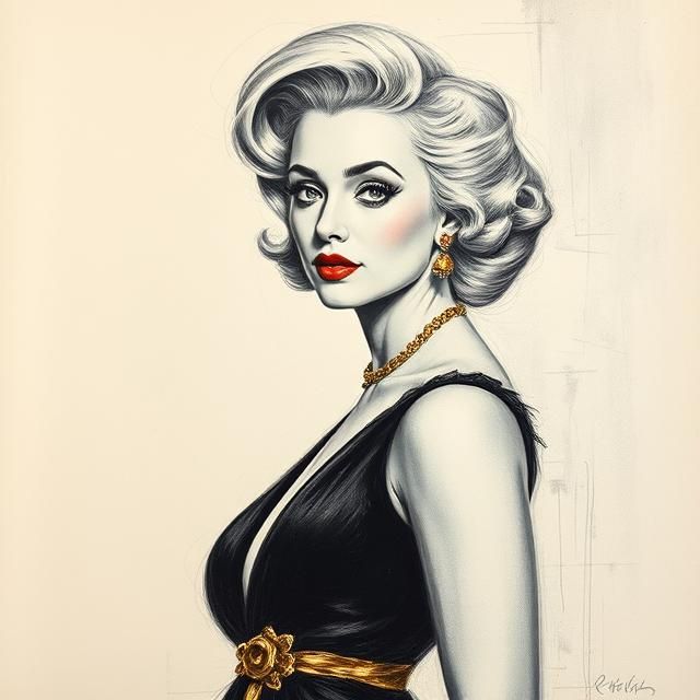 PENCIL PORTRAIT OF MARILYN MONROE DRESSED IN A BLACK AND GOL...