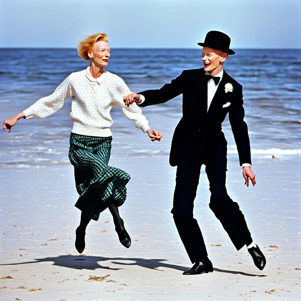 Tilda Swinton and Fred Astaire on the beach.