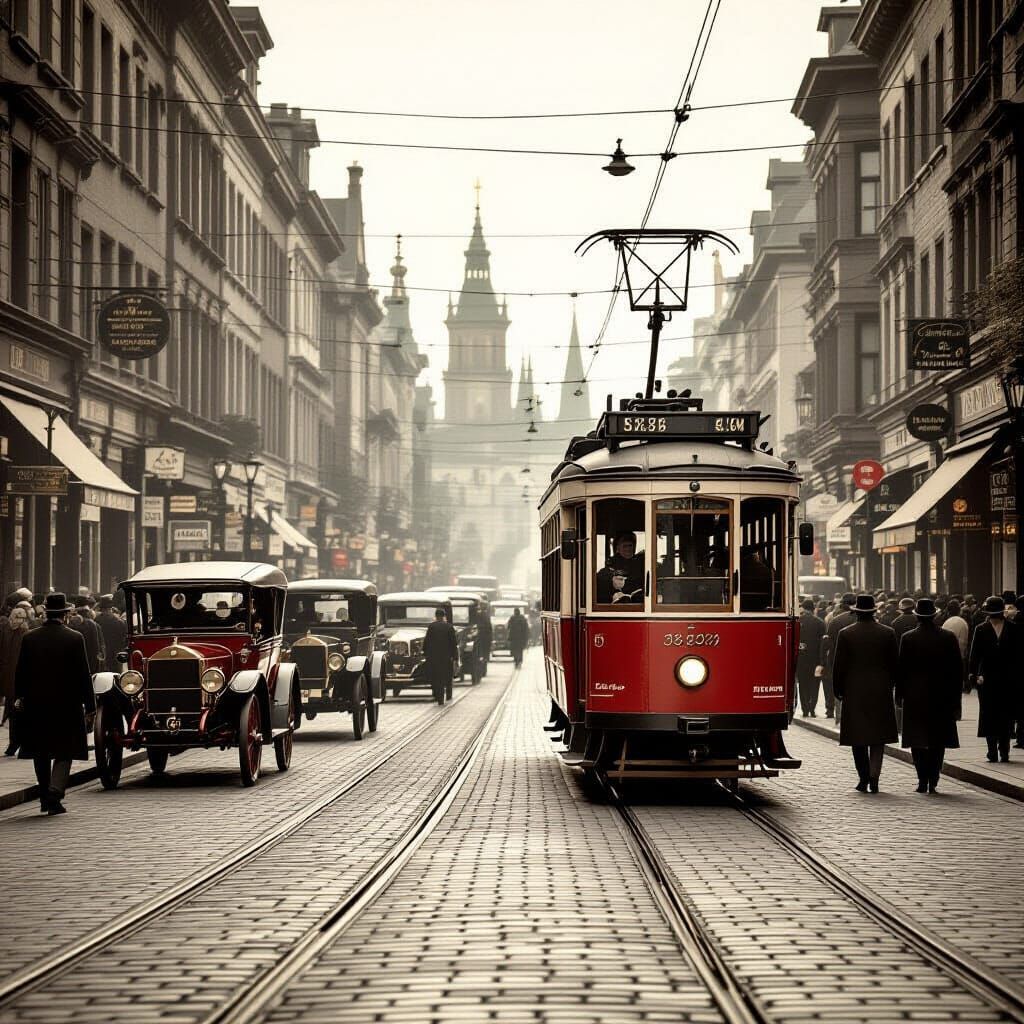Vintage Street Scene with Early 20th Century Tram
