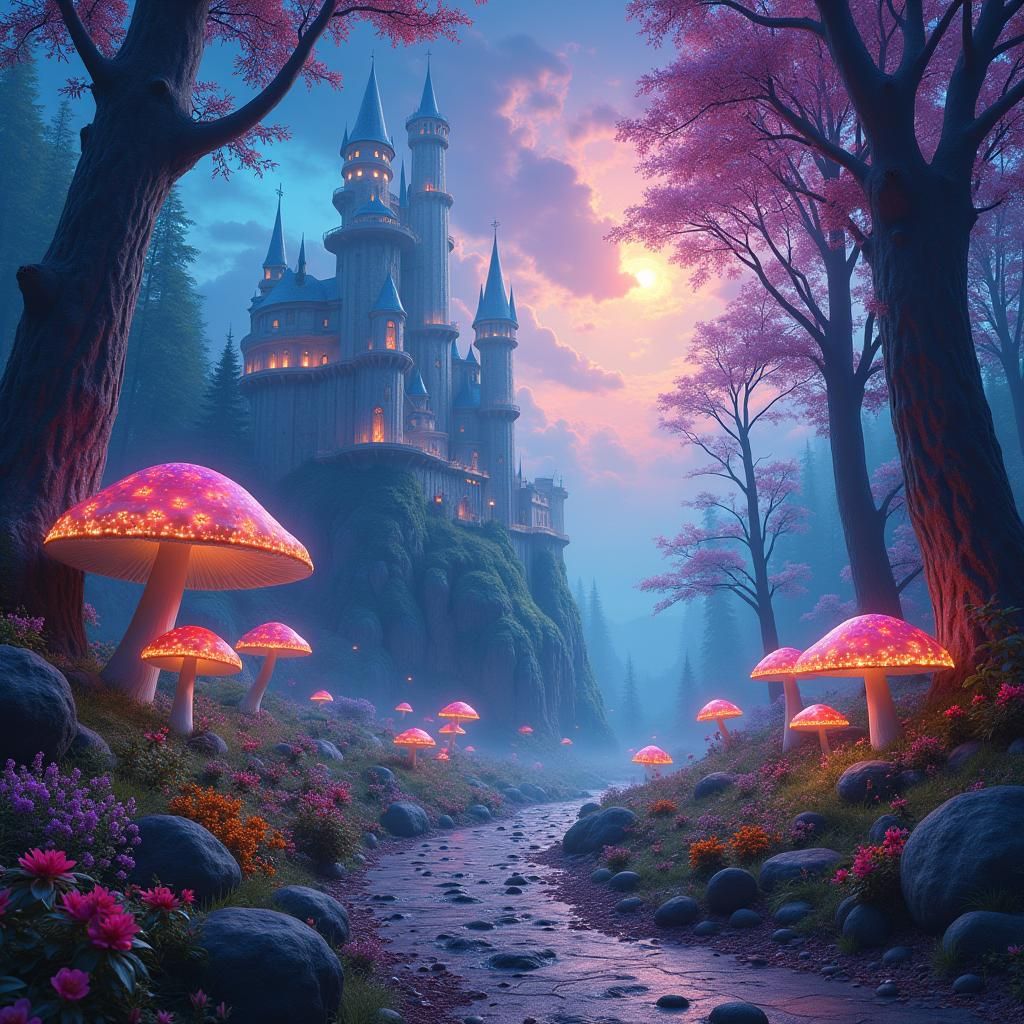 A magical enchanting and colour glowing landscape similar to narnia. Filled with castles, trees, mushrooms, glowing lights. 