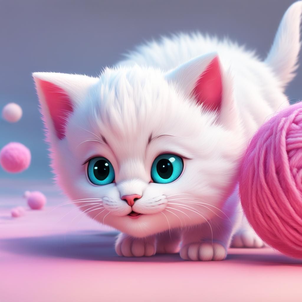 Mischievous Kitten Plays with Pink Ball in Pixar Style