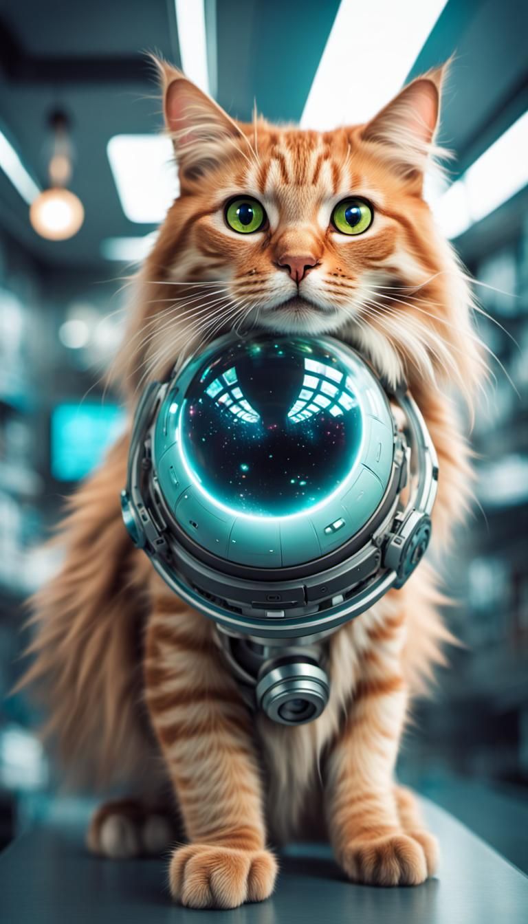 depth of field fisheye lens scifi solarpunk spacecore futuristic, cat