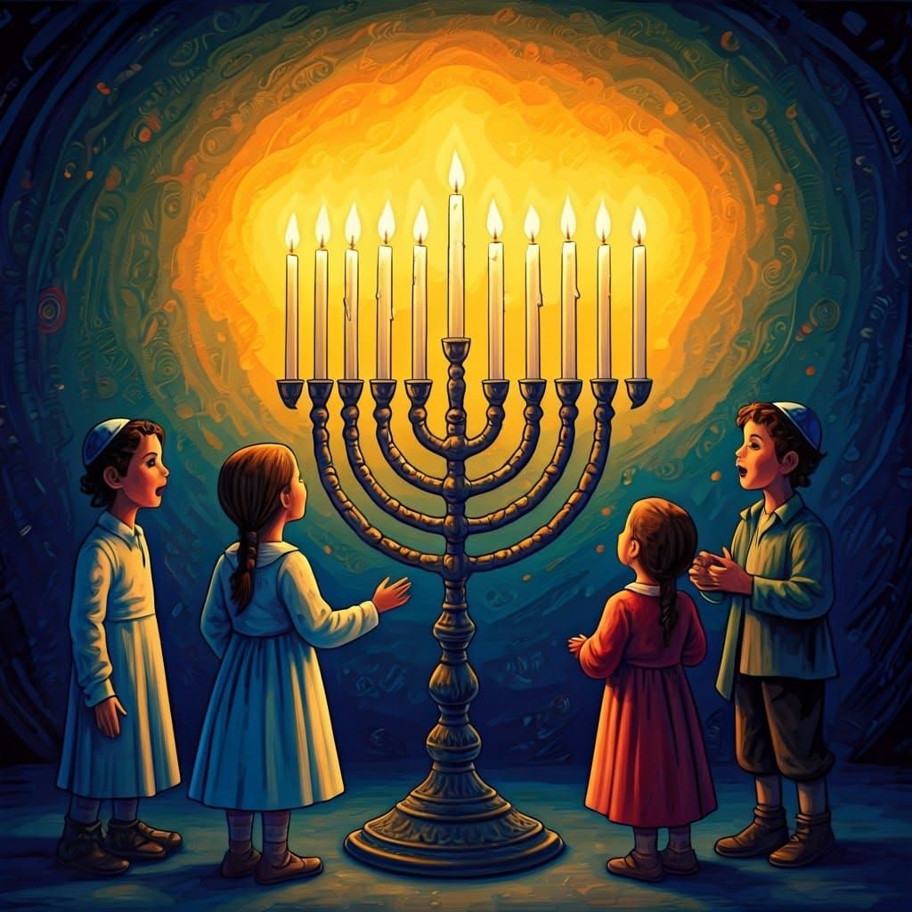 Joyful Children Sing Around a Vibrant Hanukkah Menorah in Wh...