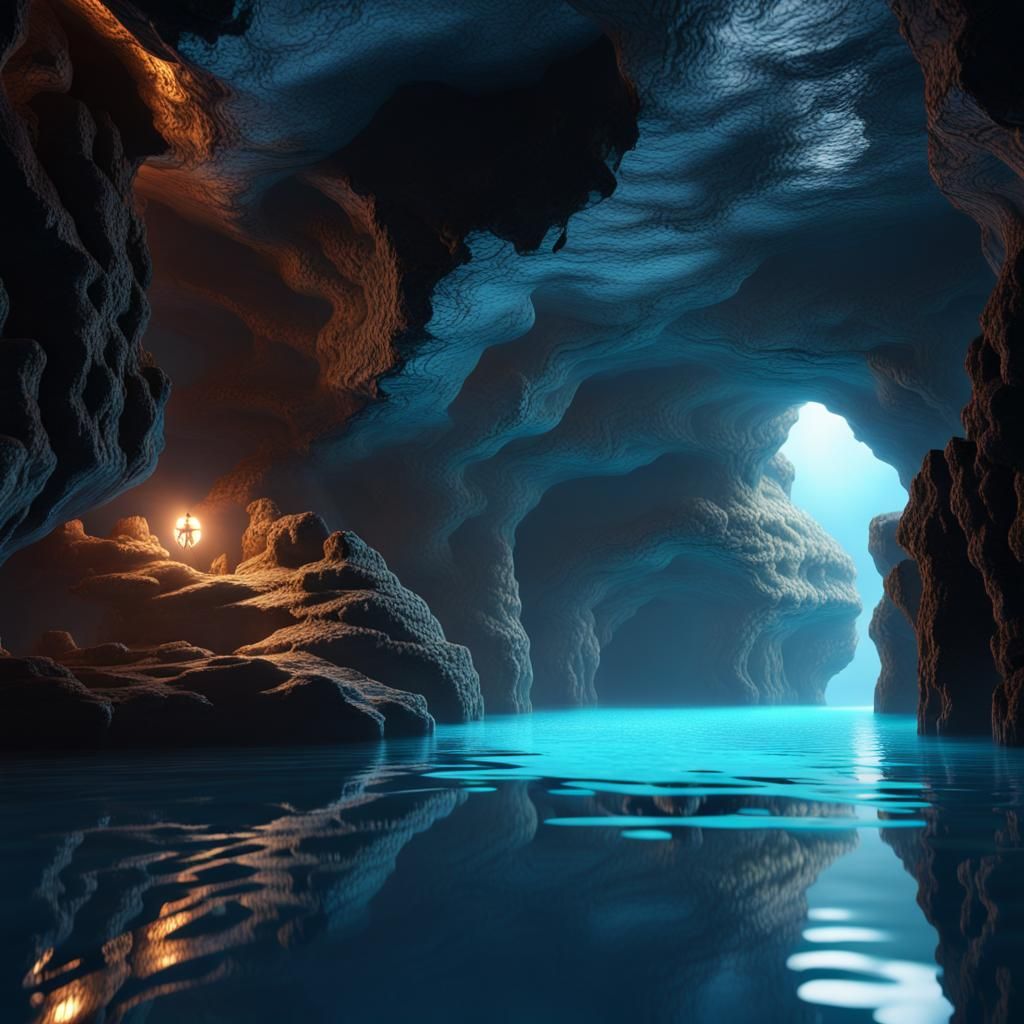 Sea cave with glowing blue water, ripples reflect on the cei...