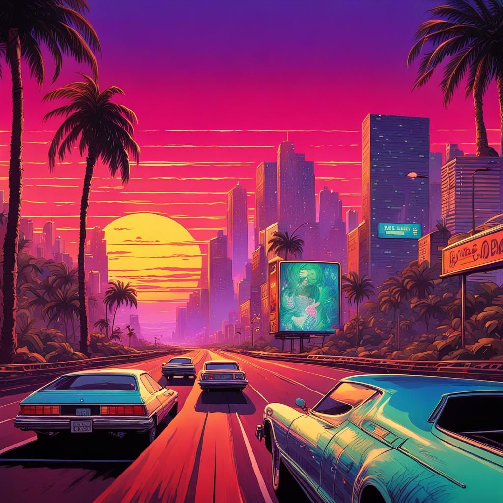 1980’s vaporwave style, big body car driving down a highway in the city, billboards on tops of buildings, ...  by @72vapeaiart
