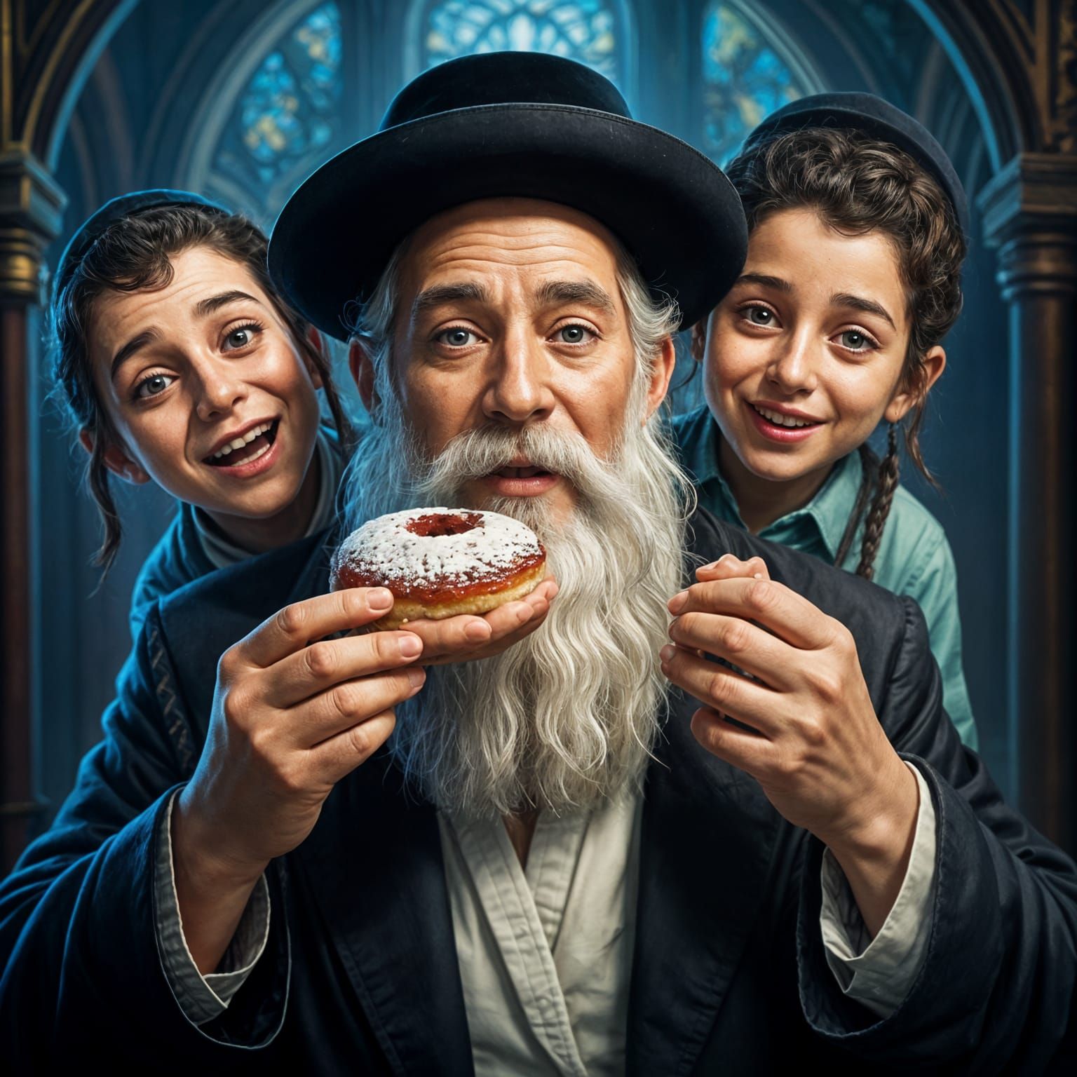 Haredi Jew Enjoying Donut in Synagogue with Children Laughin...