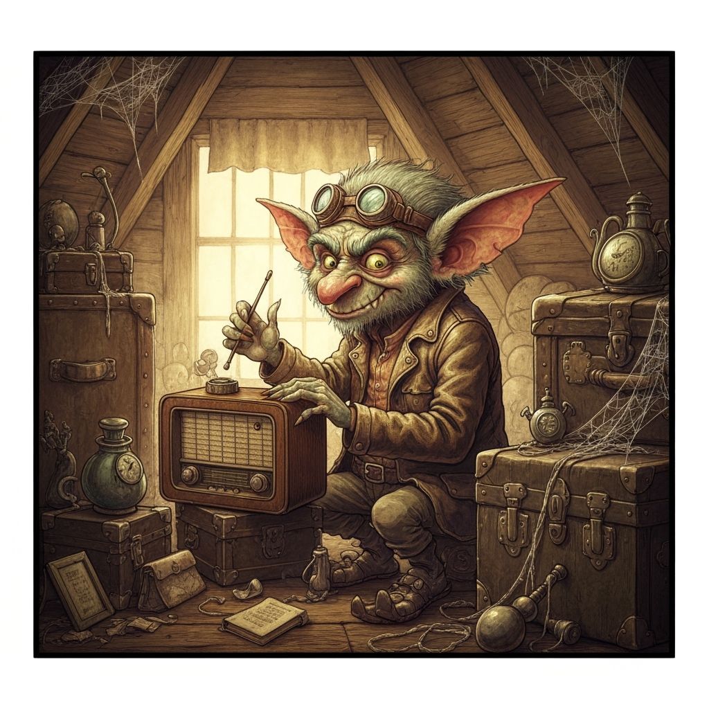 A mischievous gremlin tinkering with the inner workings of a vintage radio in a cluttered attic filled ...  by @StormTrooper-of-Death