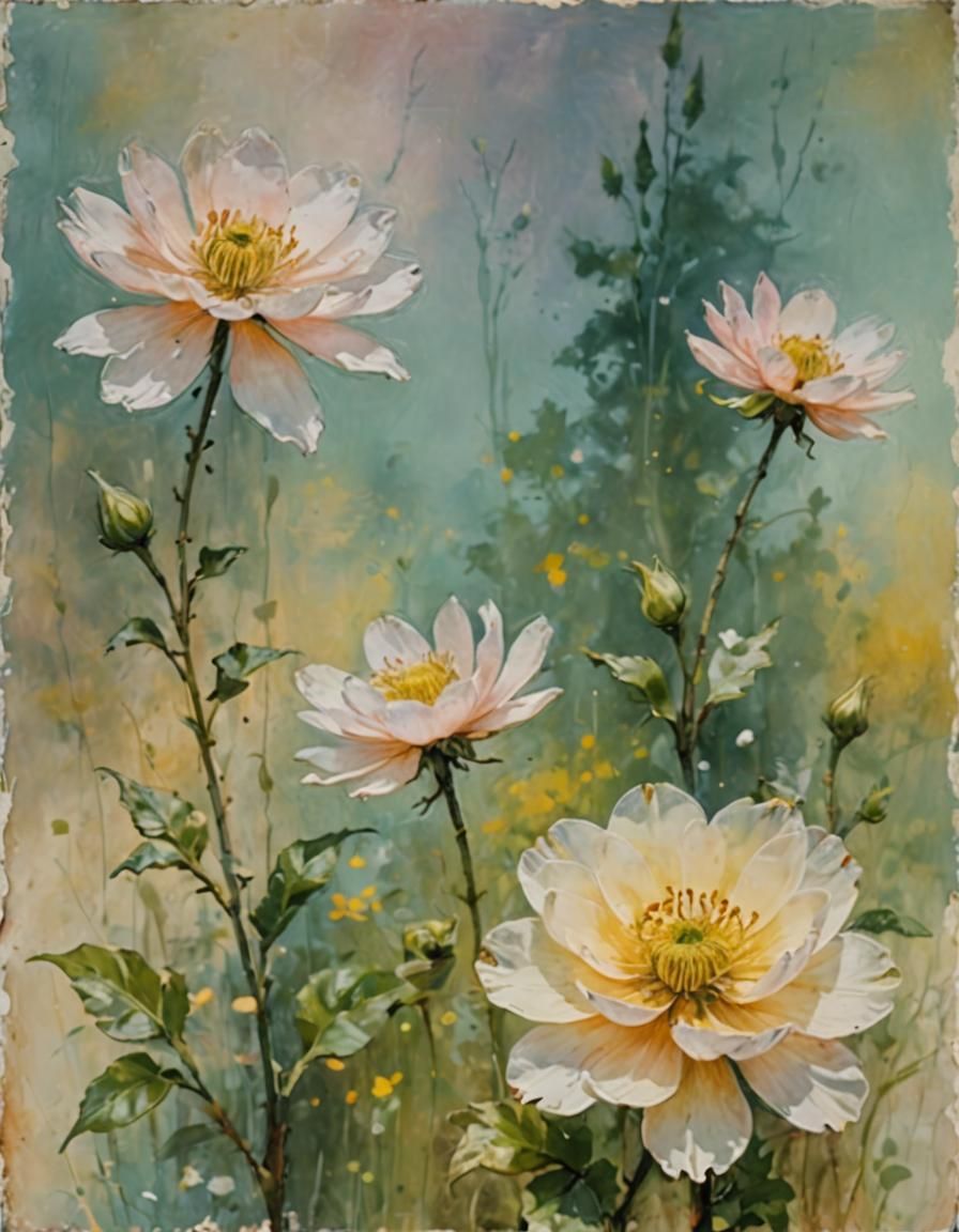 Otherworldly tranquil serene picturesque floral blooms: pale pastel impressionist ...