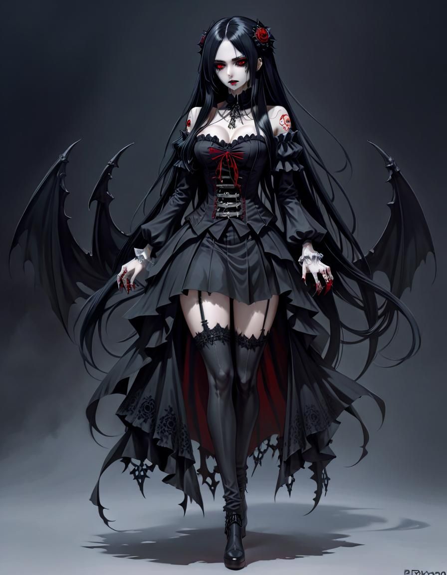 a woman with long black hair and red eyes, gothic maiden ani...