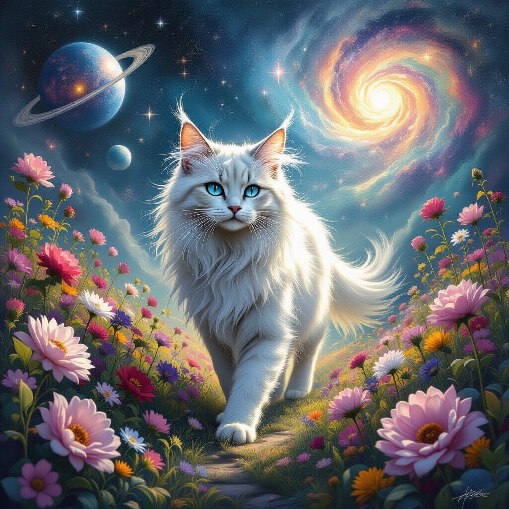 A majestic, ethereal cat with fur like spun moonlight walks through a cosmic garden where stars bloom like flowers. Nebulae swirl in the bac...
