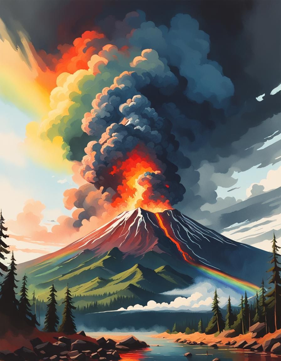 Rainbow Volcano Eruption: Watercolor Matte Painting