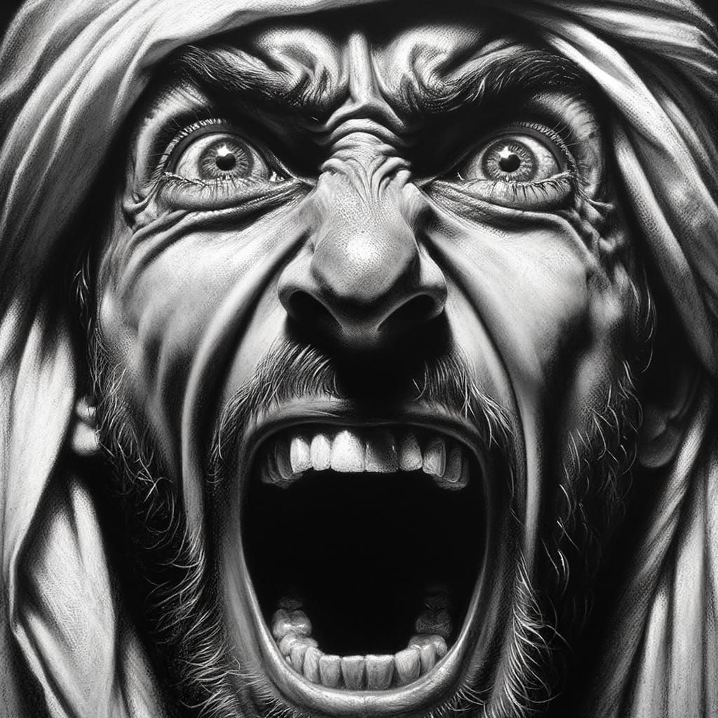 Detailed charcoal drawing of A Man Screaming (DALL-E 3, Vivi...