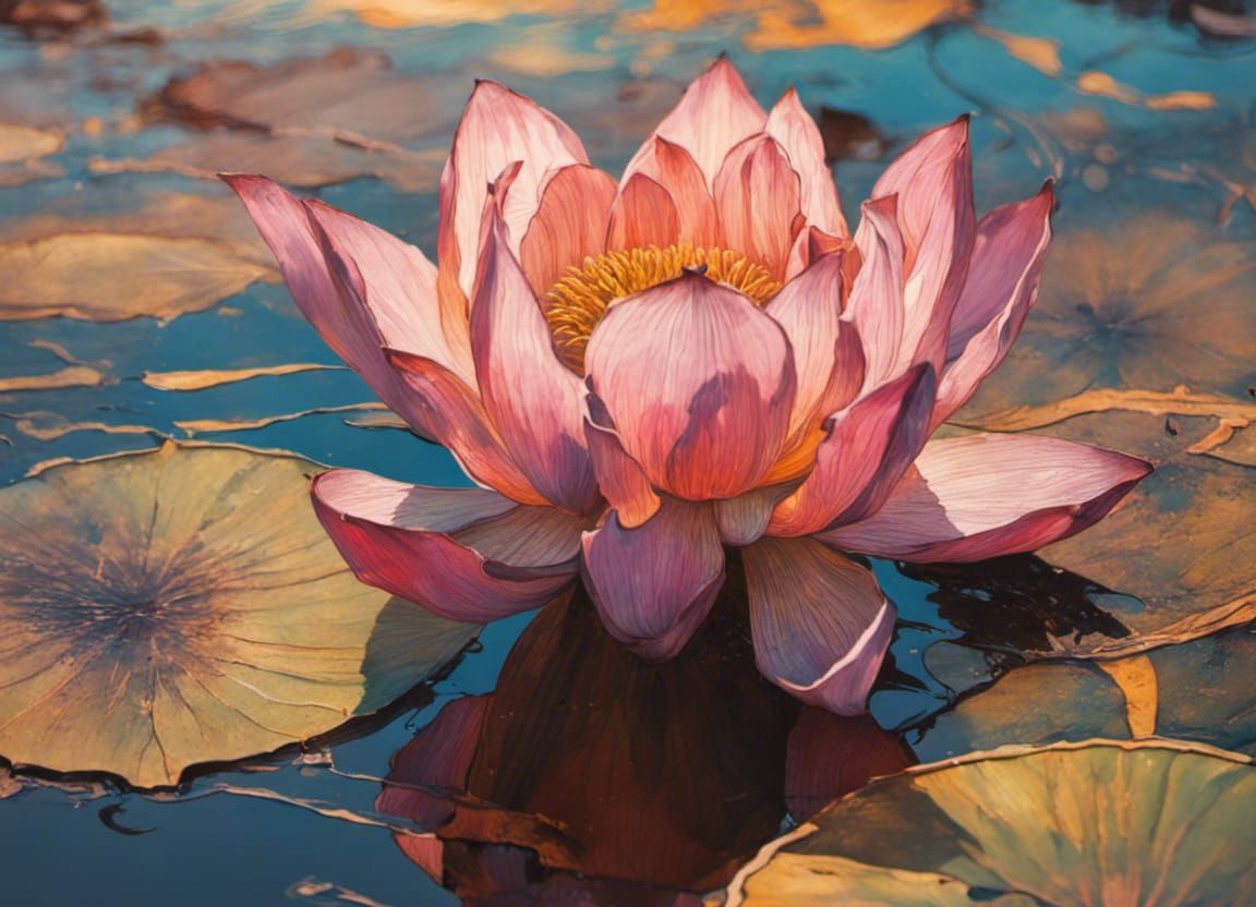 Close up shot of a old dry withered lotus in a pond in sunset, painting by Erin Hanson, Lisi Martin and Carne Griffiths