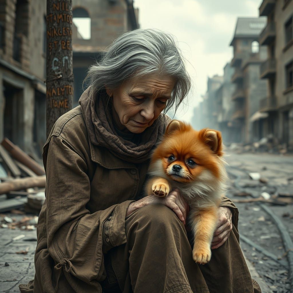 a Pomeranian dog is comforting a poor old and lonely woman